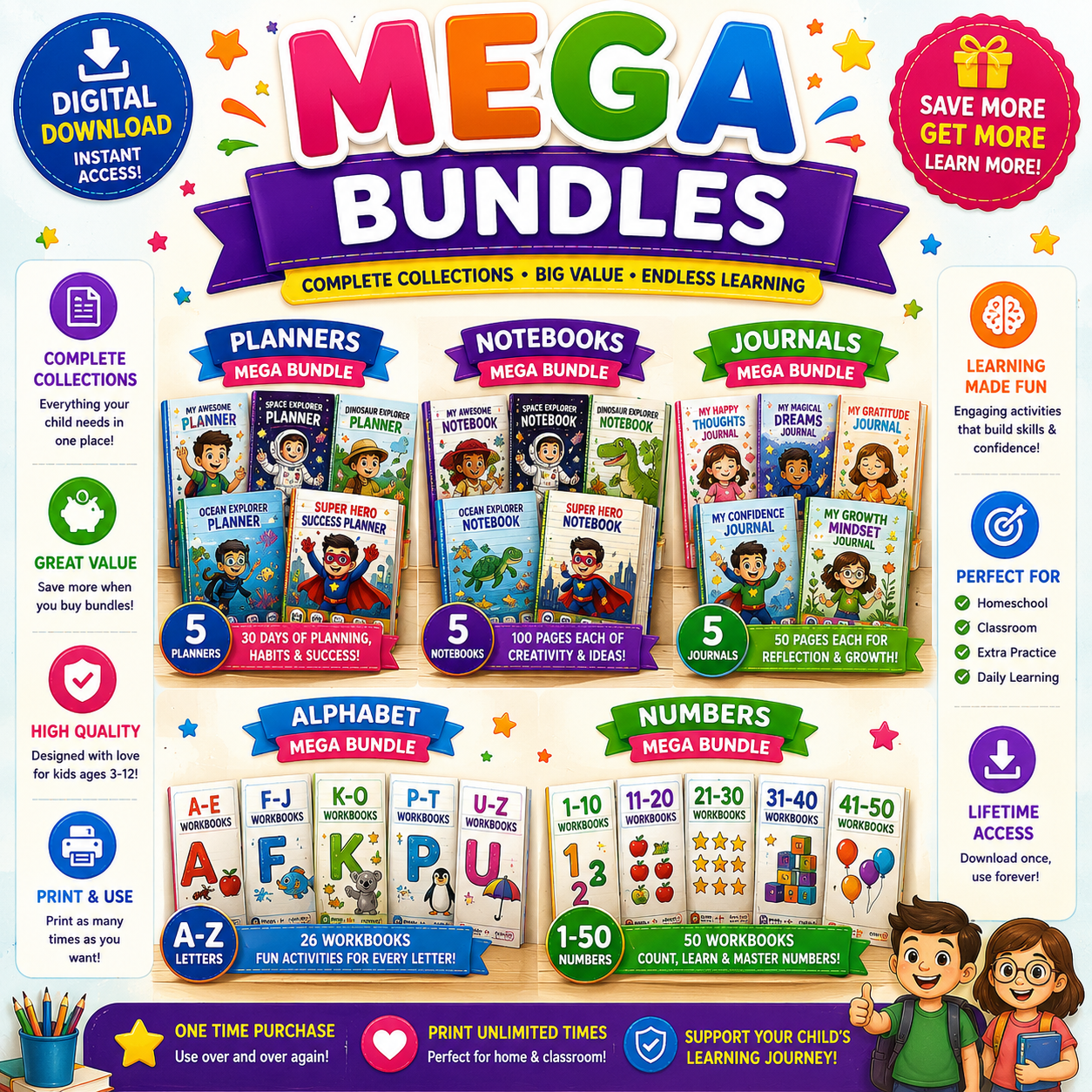 Educational Bundles collection featuring printable learning bundles for kids including planners, notebooks, journals, storybooks, and worksheets