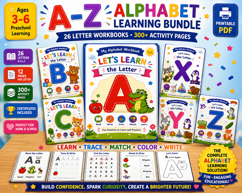 Alphabet Worksheets collection featuring printable A to Z learning activities for preschool and kindergarten children