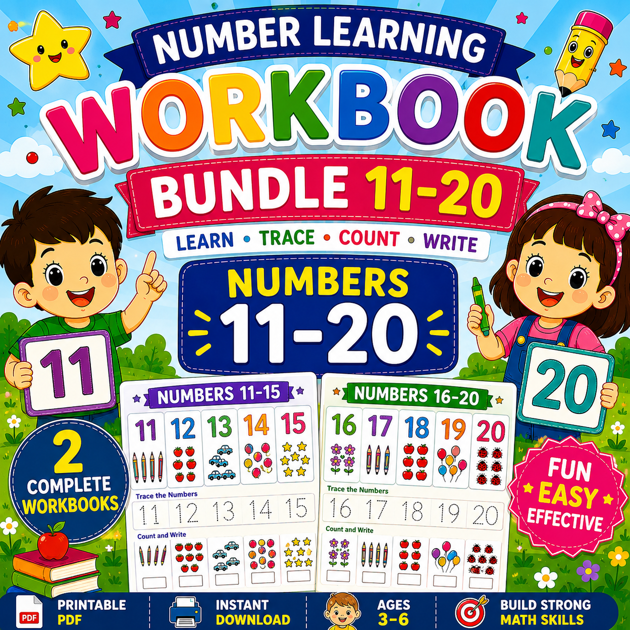 Number Learning Worksheets 11–20 – Printable Counting, Number Tracing & Math Activities for Kids Ages 3–6 | Digital PDF