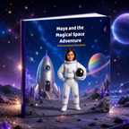 3D book mockup of Maya and the Magical Space Adventure personalized digital storybook by Kids Learning World