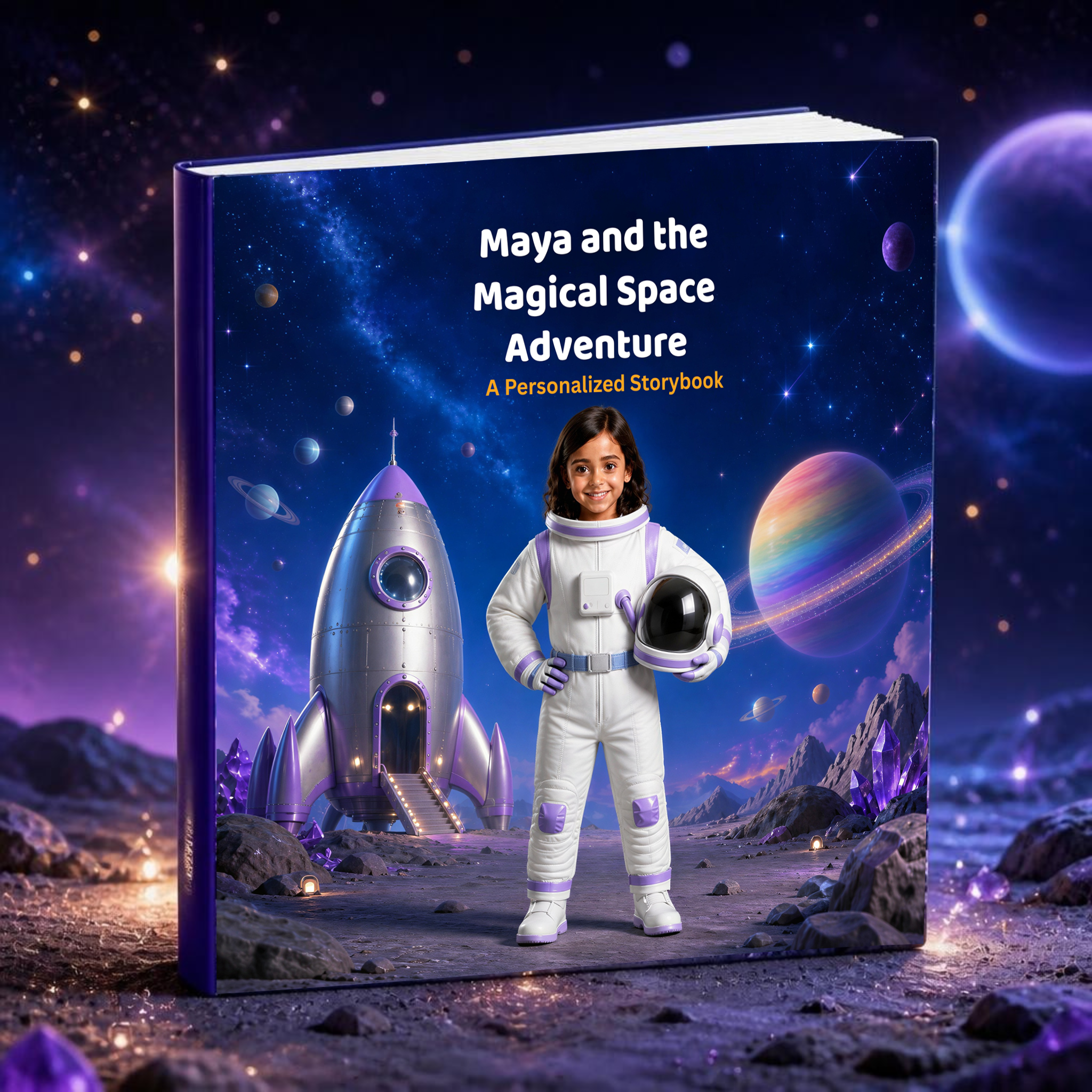 3D book mockup of Maya and the Magical Space Adventure personalized digital storybook by Kids Learning World