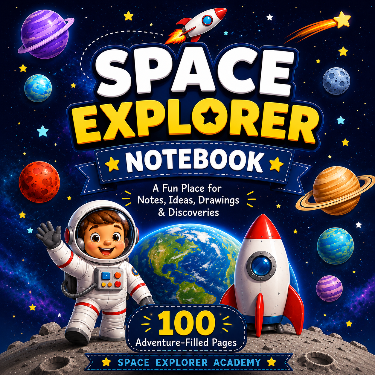 Space Explorer Kids Notebook – Printable Writing & Drawing Notebook for Kids Ages 7–12 | Digital PDF for School & Homeschool
