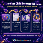 Four-step process to choose personalization, submit child details, approve the proof, and receive the digital storybook.