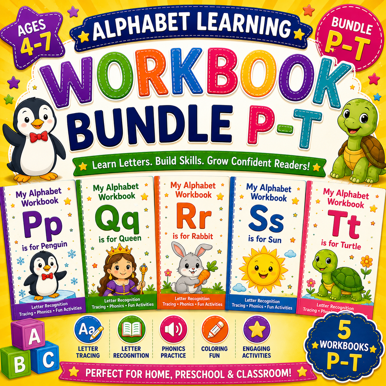 Alphabet Learning Worksheets P–T – Printable Letter Tracing & Phonics Activities for Kids Ages 3–6 | Digital PDF