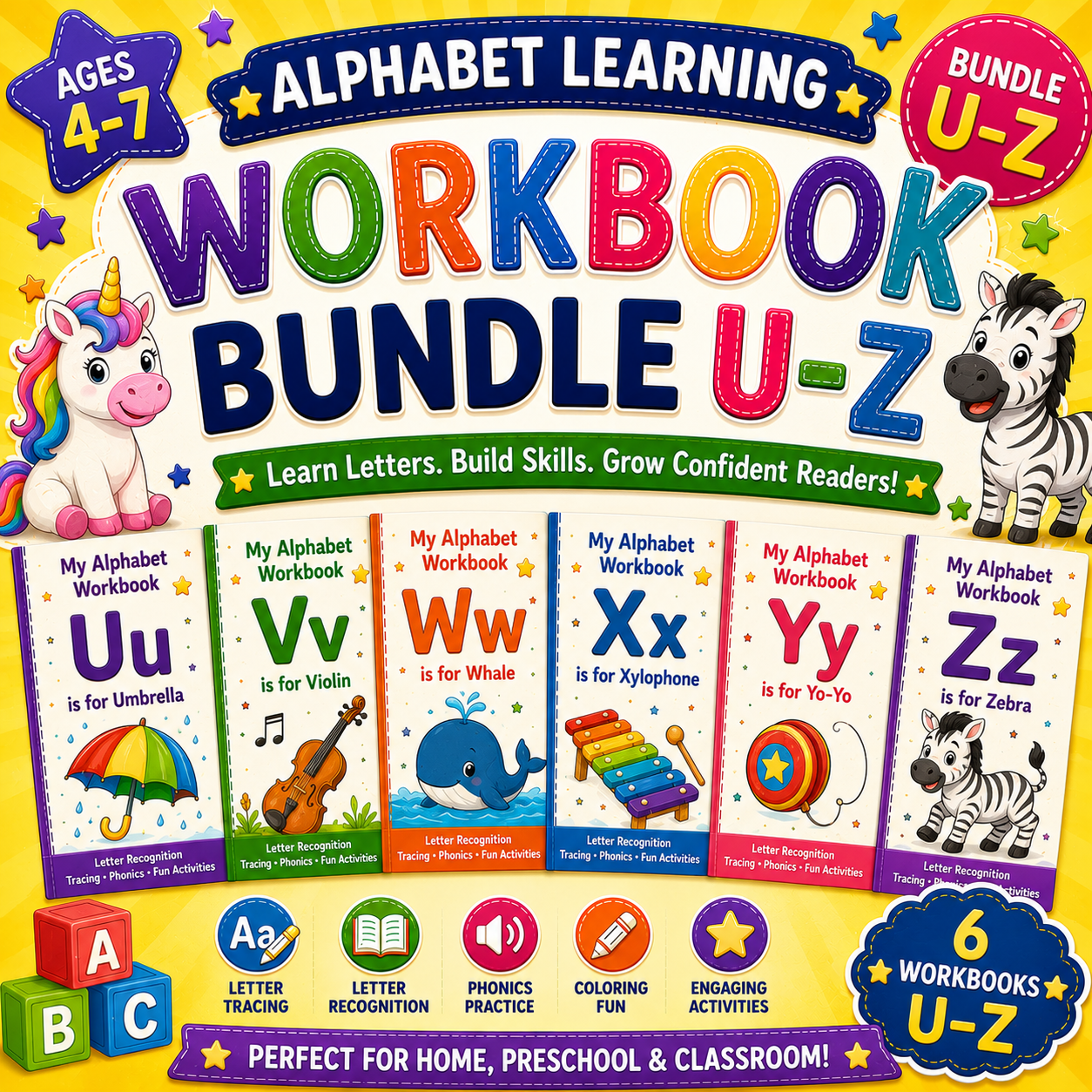 Alphabet Learning Worksheets U–Z – Printable Letter Tracing & Phonics Activities for Kids Ages 3–6 | Digital PDF