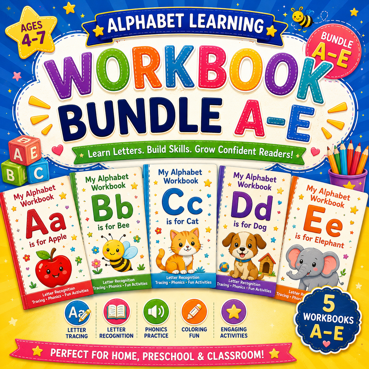 Alphabet Learning Worksheets A–E – Printable Letter Tracing & Phonics Activities for Kids Ages 3–6 | Digital PDF