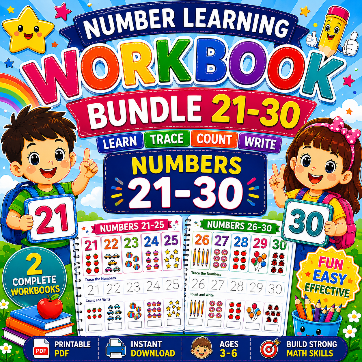 Number Learning Worksheets 21–30 – Printable Counting, Number Tracing & Math Activities for Kids Ages 3–6 | Digital PDF