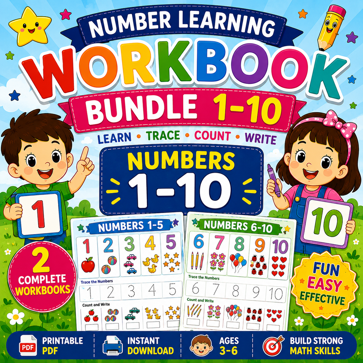 Number Learning Worksheets 1–10 – Printable Counting, Number Tracing & Math Activities for Kids Ages 3–6 | Digital PDF