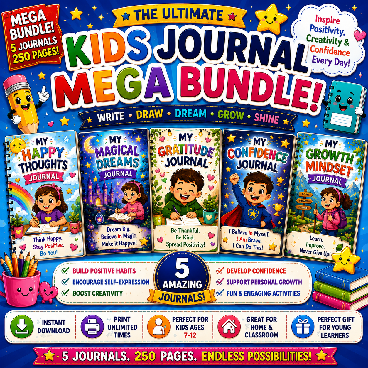 Kids Journal Mega Bundle – 5 Printable Reflection & Mindfulness Journals for Kids Ages 7–12 | Digital PDF Bundle