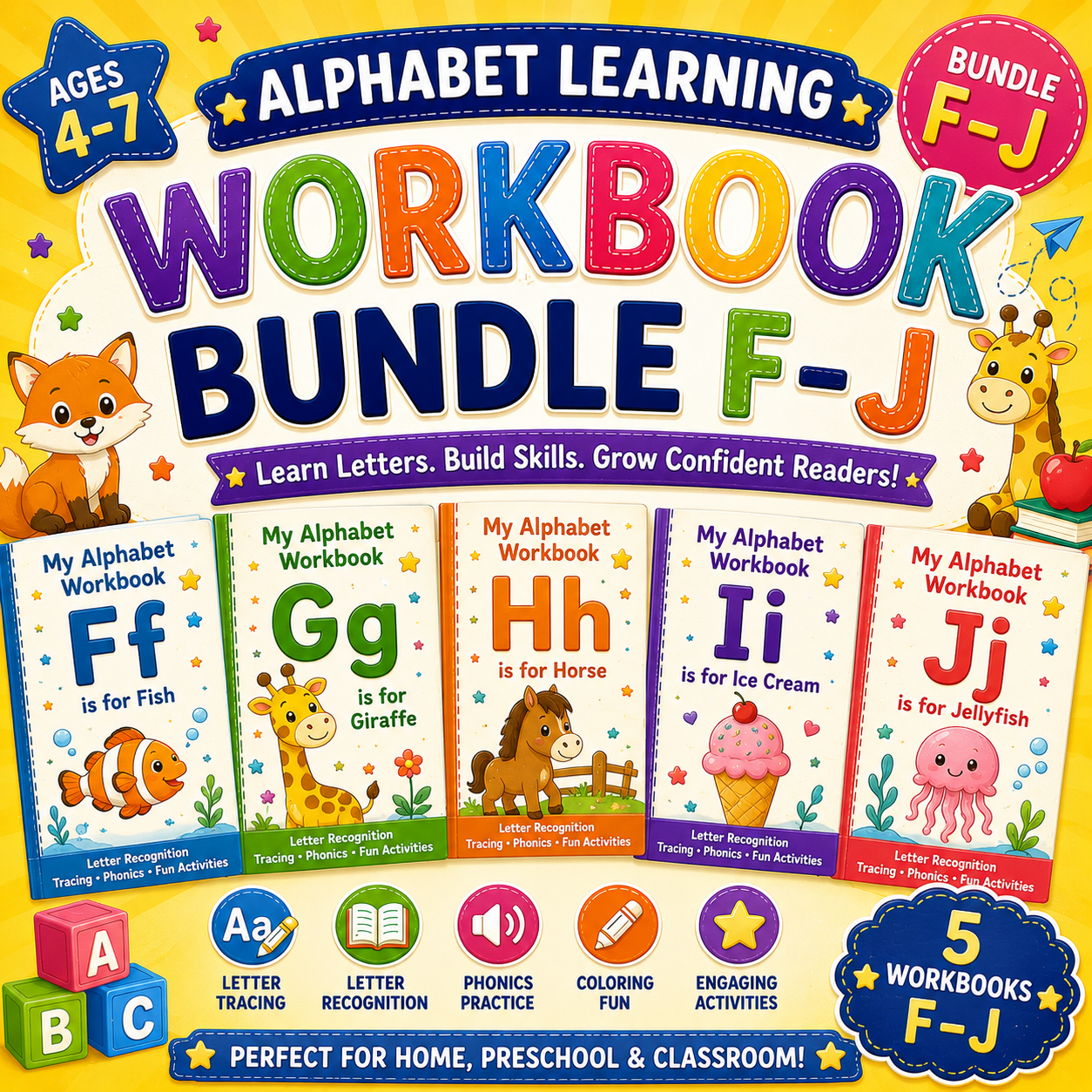 Alphabet Learning Worksheets F–J – Printable Letter Tracing & Phonics Activities for Kids Ages 3–6 | Digital PDF