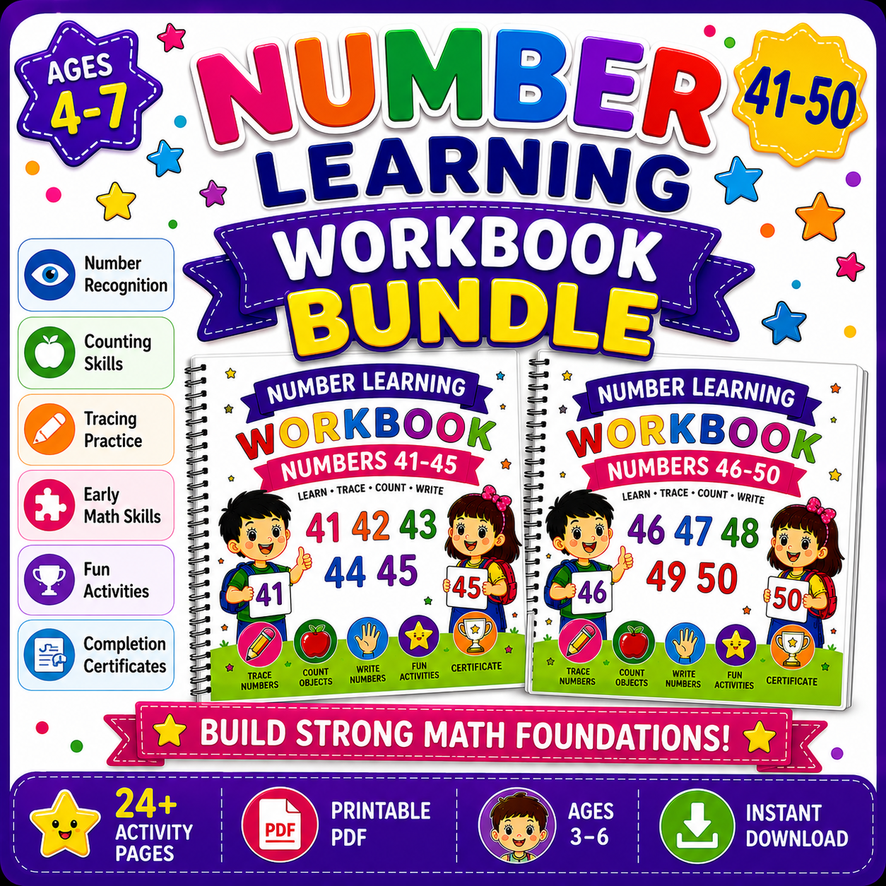 Number Learning Worksheets 41–50 – Printable Counting, Number Tracing & Math Activities for Kids Ages 3–6 | Digital PDF