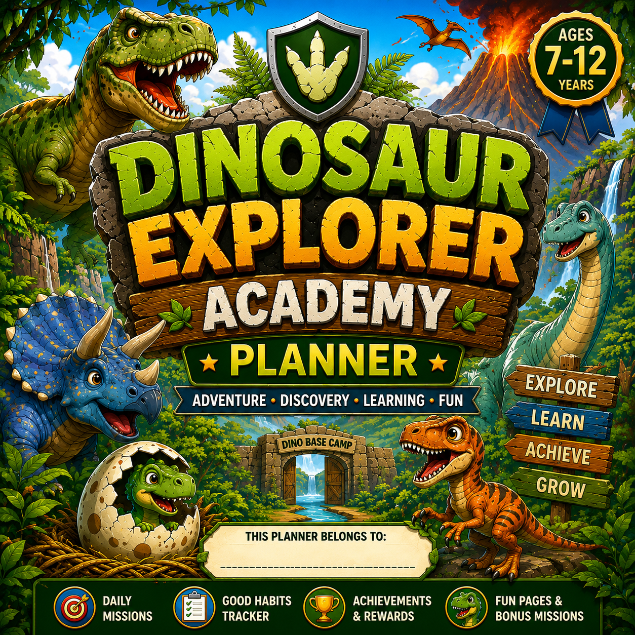 Dinosaur Explorer Kids Planner – Printable Daily Planner for Kids Ages 7–12 | Goal Setting, Habit Tracker & Learning Workbook