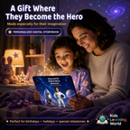 Parent and child enjoying Maya and the Magical Space Adventure together on a tablet as a personalized digital gift.