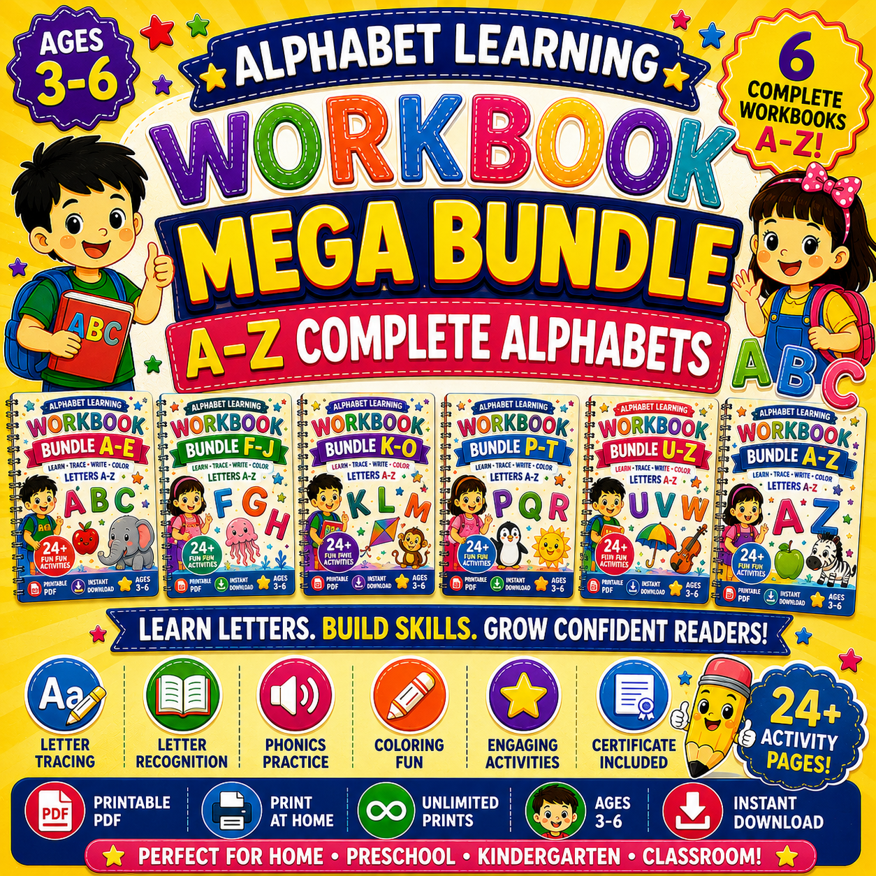 Alphabet Learning Mega Bundle A–Z – 5 Printable Letter Tracing & Phonics Worksheet Sets for Kids Ages 3–6 | Digital PDF Bundle
