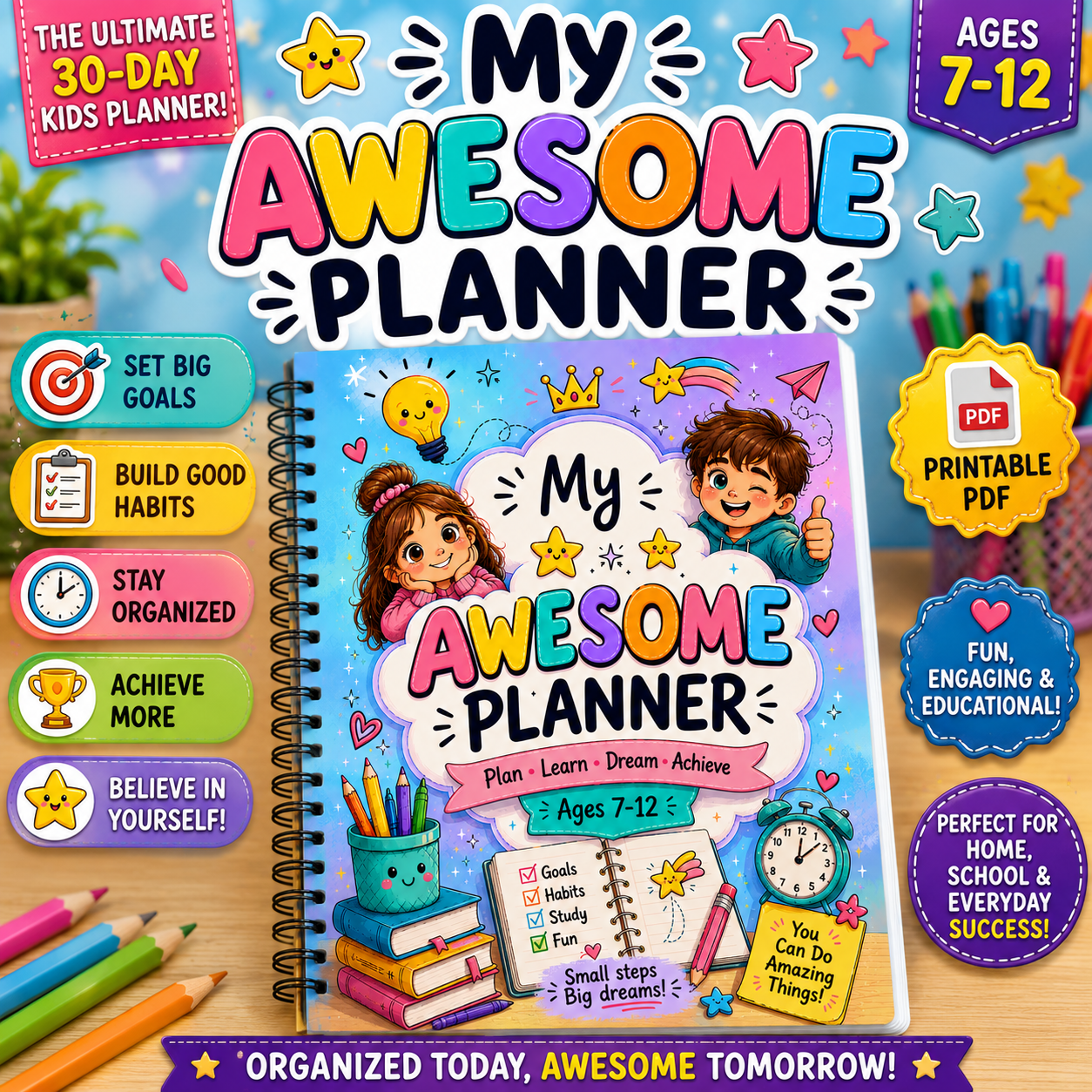 My Awesome Planner | Printable Kids Daily Planner PDF | 30-Day Planner Ages 7–12