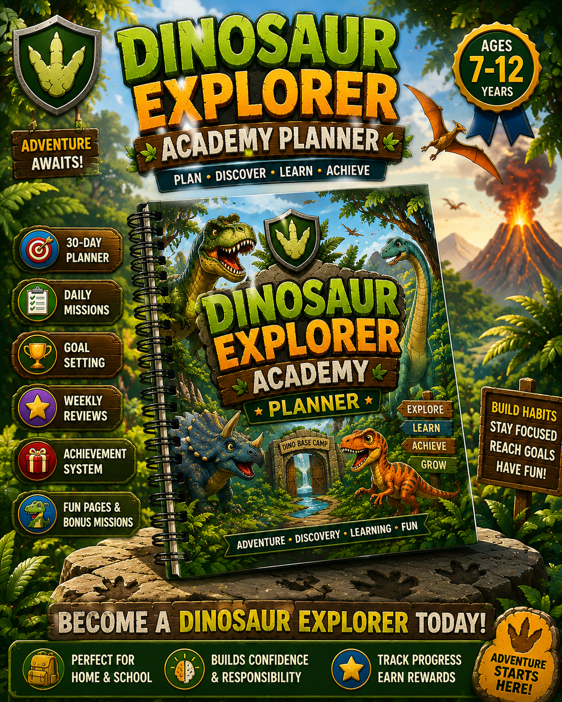Dinosaur Explorer Kids Planner – Printable Daily Planner for Kids Ages 7–12 | Goal Setting, Habit Tracker & Learning Workbook