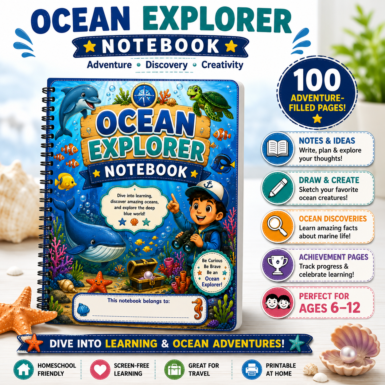 Ocean Explorer Kids Notebook – Printable Writing & Drawing Notebook for Kids Ages 7–12 | Digital PDF for School & Homeschool