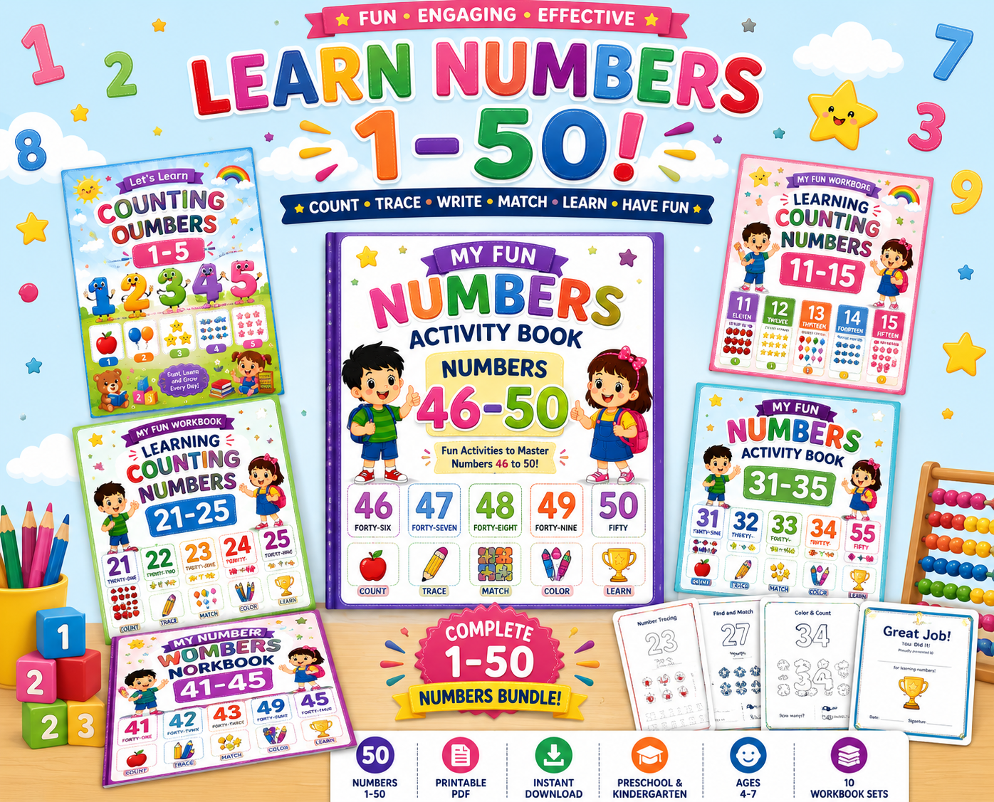 Number Learning Worksheets 1–10 – Printable Counting, Number Tracing & Math Activities for Kids Ages 3–6 | Digital PDF
