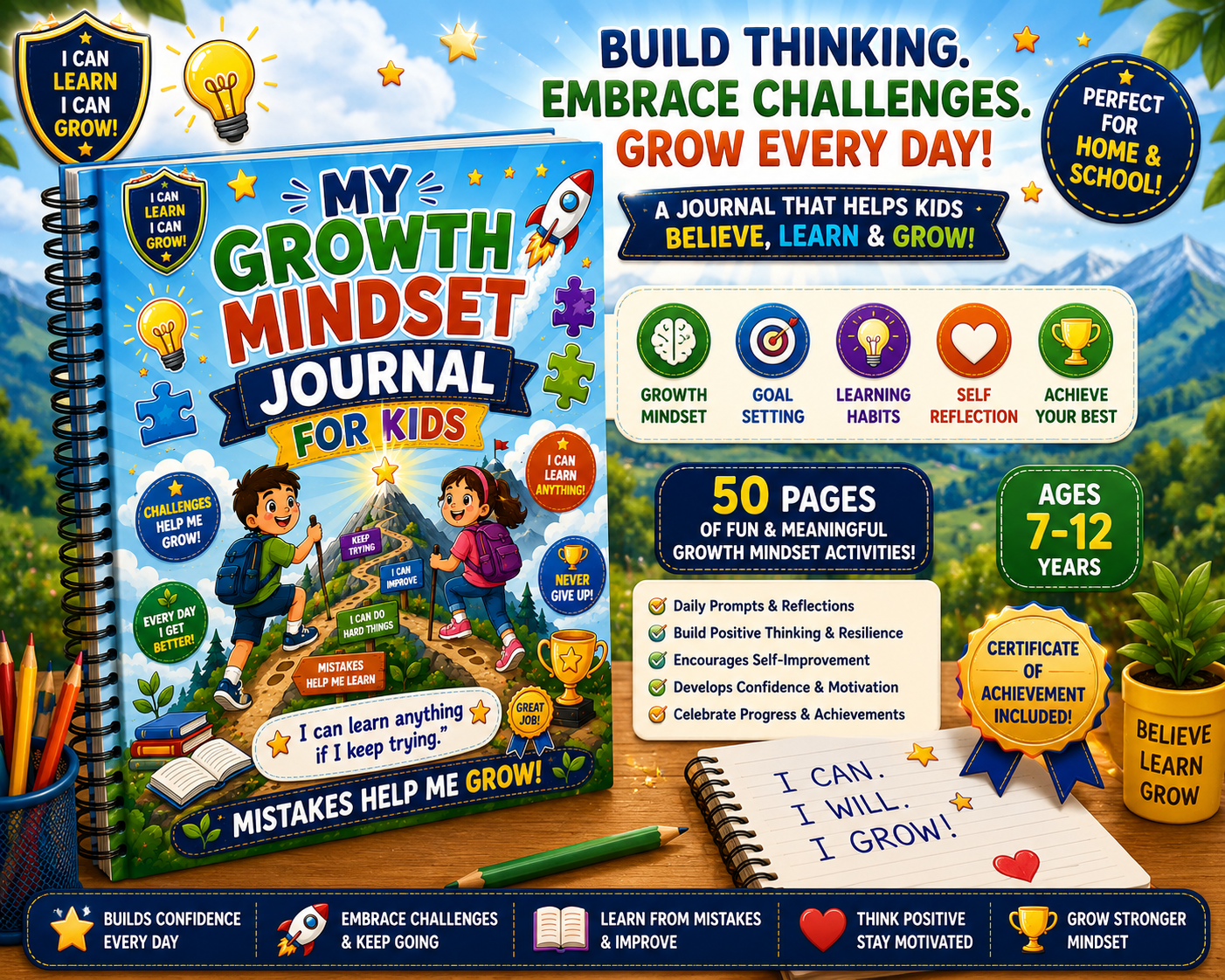 My Growth Mindset Journal for Kids – Printable Positive Thinking & Reflection Journal for Ages 7–12 | Digital PDF for Home & School