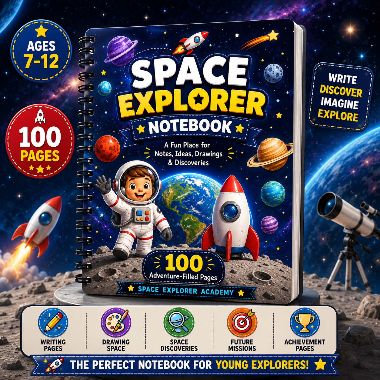 Space Explorer Kids Notebook – Printable Writing & Drawing Notebook for Kids Ages 7–12 | Digital PDF for School & Homeschool