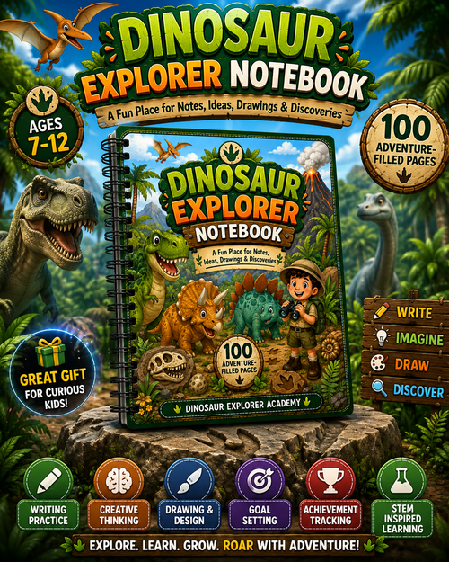 Dinosaur Explorer Kids Notebook – Printable Writing & Drawing Notebook for Kids Ages 7–12 | Digital PDF for School & Homeschool