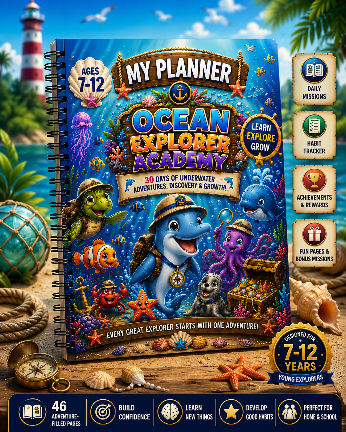 Ocean Explorer Kids Planner – Printable Daily Planner for Kids Ages 7–12 | Goal Setting, Habit Tracker &amp; Learning Workbook