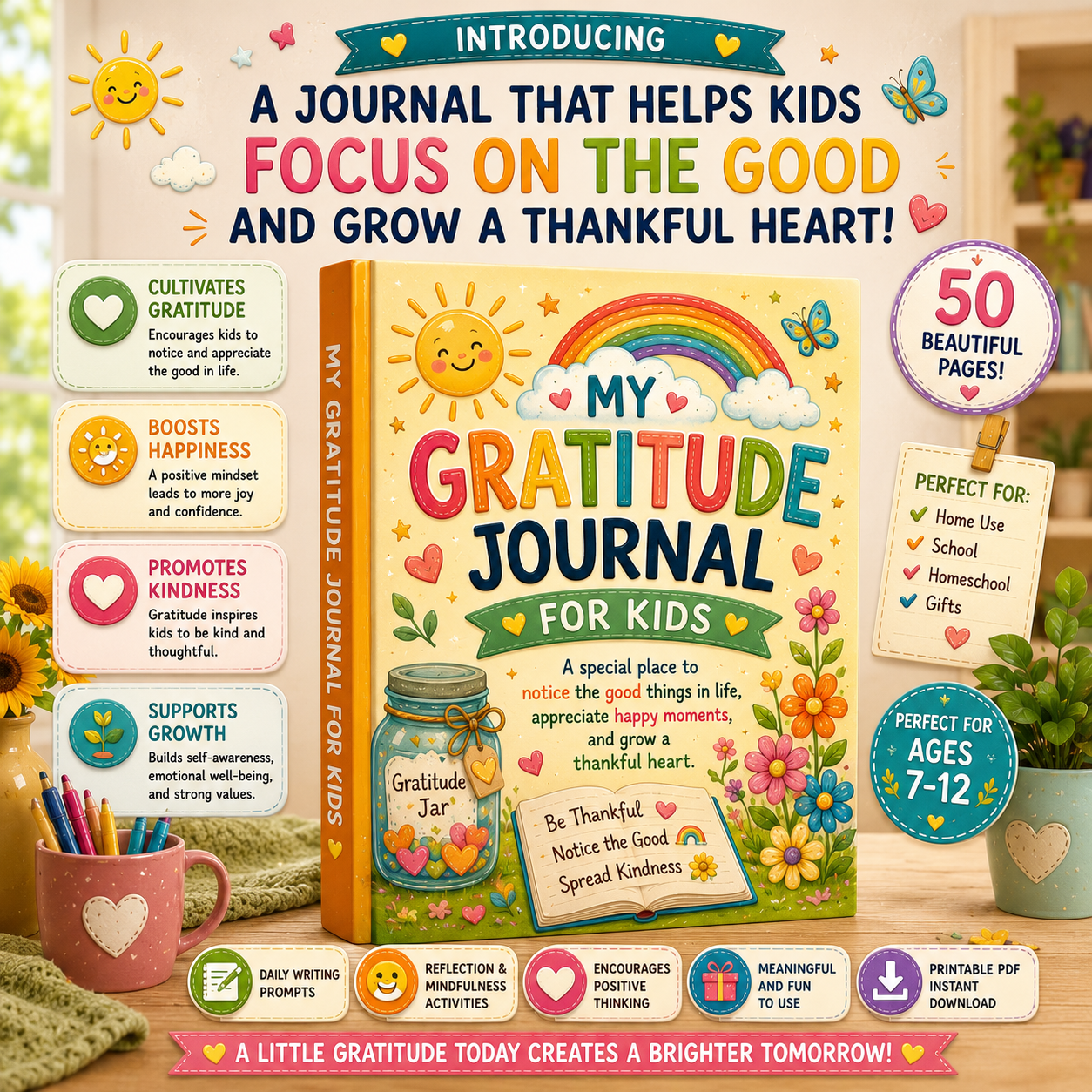 My Gratitude Journal for Kids – Printable Thankfulness & Reflection Journal for Ages 7–12 | Digital PDF for Home & School