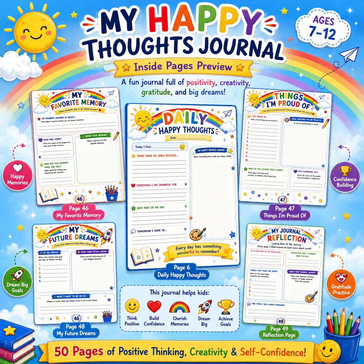 My Happy Thoughts Journal for Kids – Printable Gratitude & Reflection Journal for Ages 7–12 | Digital PDF for Home & School