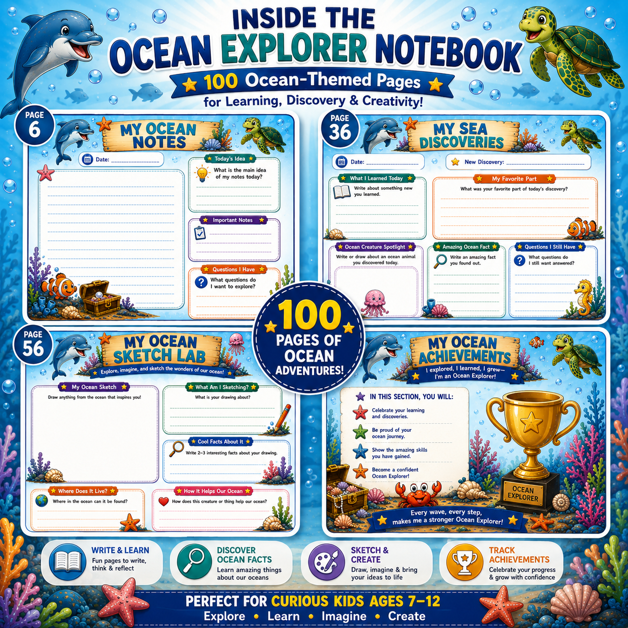 Ocean Explorer Kids Notebook – Printable Writing & Drawing Notebook for Kids Ages 7–12 | Digital PDF for School & Homeschool