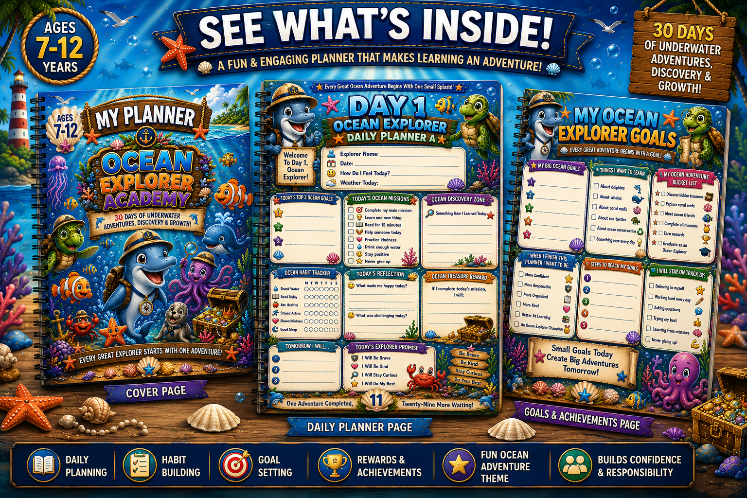 Ocean Explorer Kids Planner – Printable Daily Planner for Kids Ages 7–12 | Goal Setting, Habit Tracker &amp; Learning Workbook