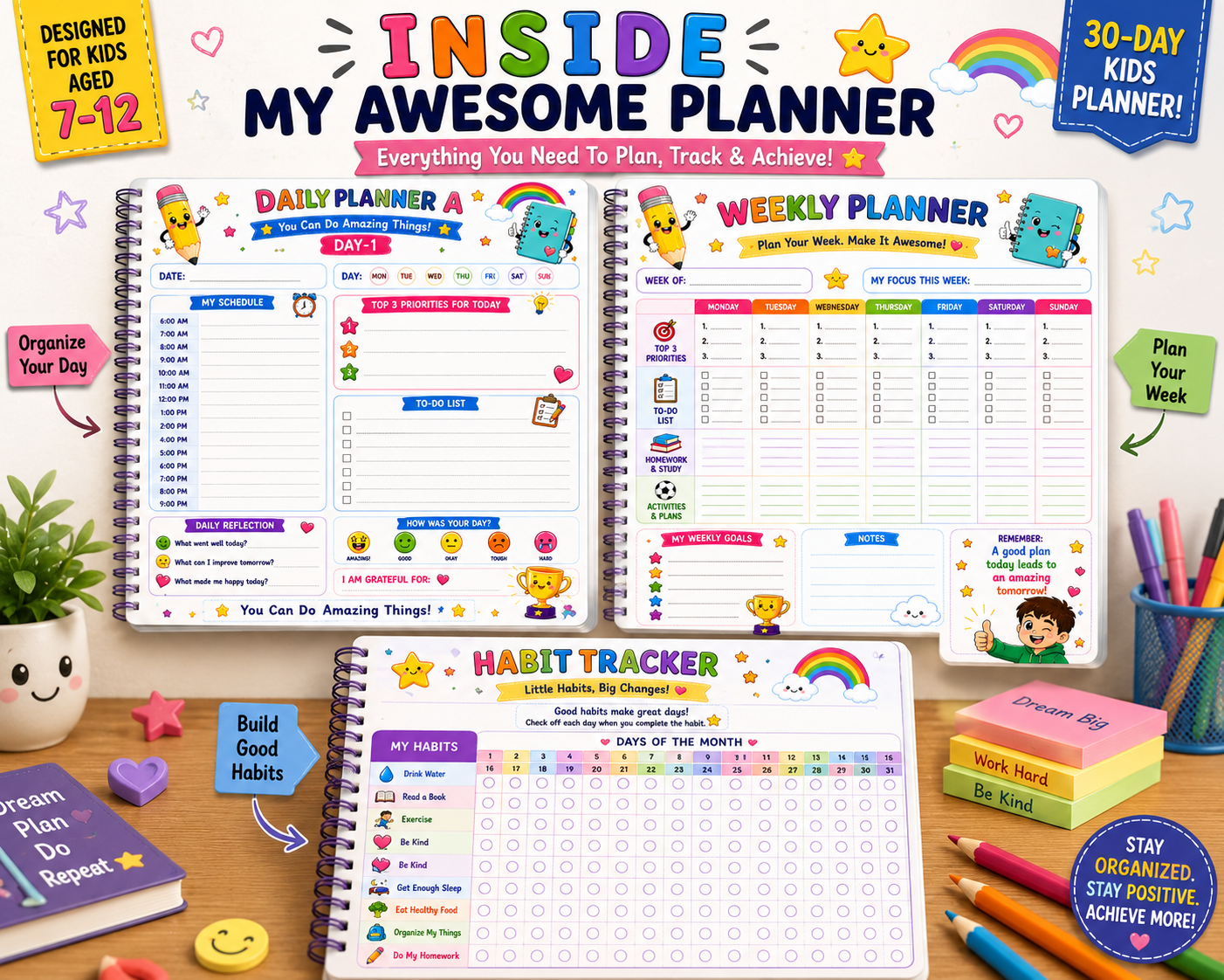 My Awesome Planner | Printable Kids Daily Planner PDF | 30-Day Planner Ages 7–12