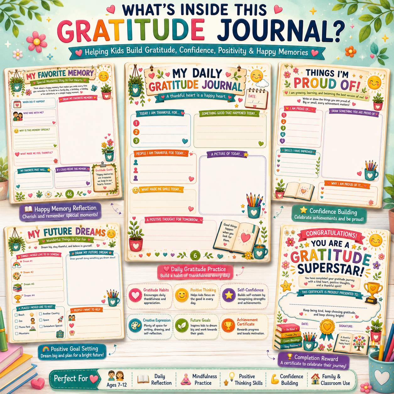 My Gratitude Journal for Kids – Printable Thankfulness & Reflection Journal for Ages 7–12 | Digital PDF for Home & School