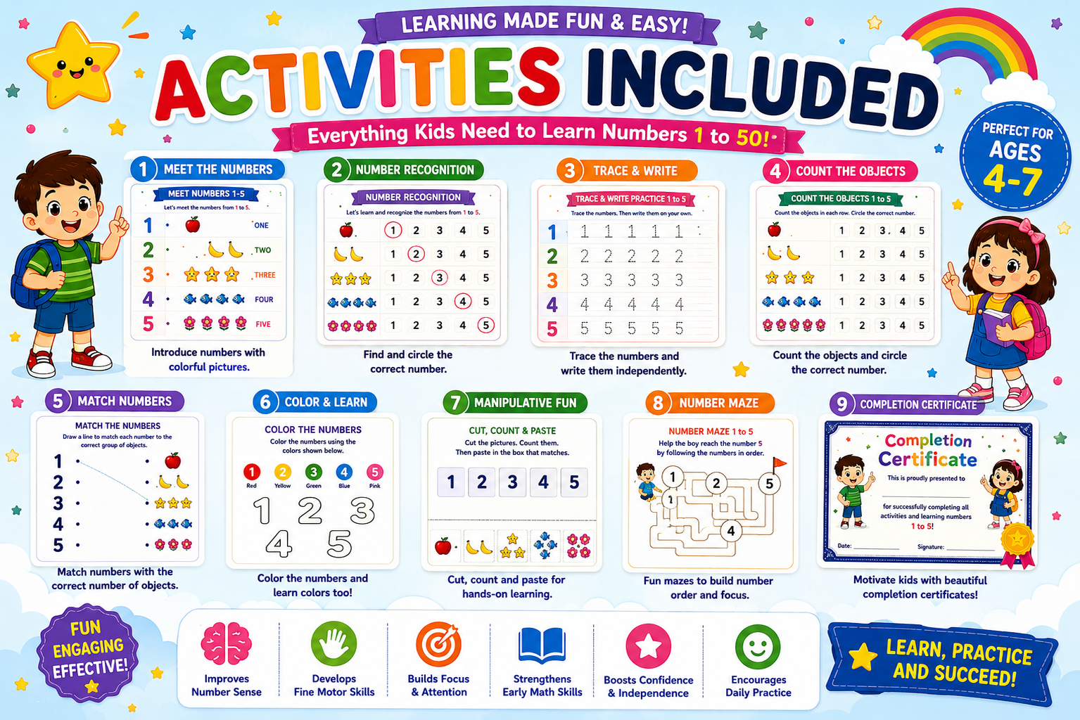 Number Learning Worksheets 1–10 – Printable Counting, Number Tracing & Math Activities for Kids Ages 3–6 | Digital PDF