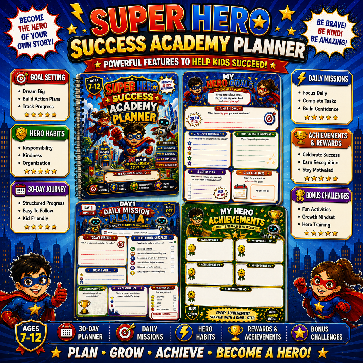 Super Hero Success Kids Planner – Printable Daily Planner for Kids Ages 7–12 | Goal Setting, Habit Tracker & Learning Workbook