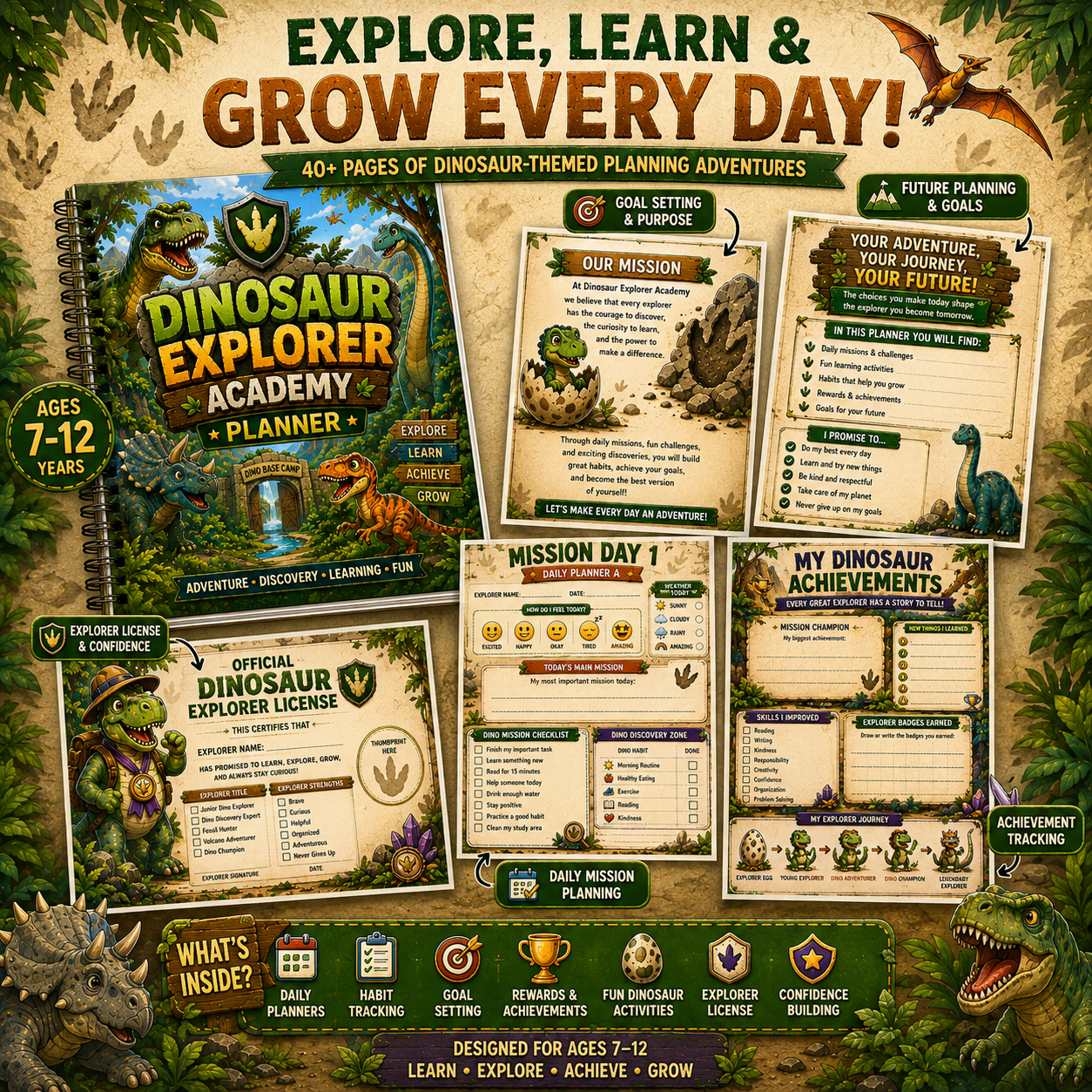 Dinosaur Explorer Kids Planner – Printable Daily Planner for Kids Ages 7–12 | Goal Setting, Habit Tracker & Learning Workbook