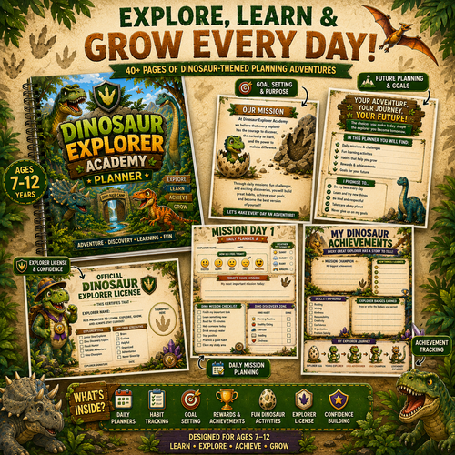 Dinosaur Explorer Kids Planner – Printable Daily Planner for Kids Ages 7–12 | Goal Setting, Habit Tracker & Learning Workbook