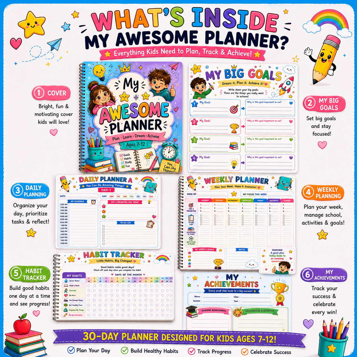 My Awesome Planner | Printable Kids Daily Planner PDF | 30-Day Planner Ages 7–12