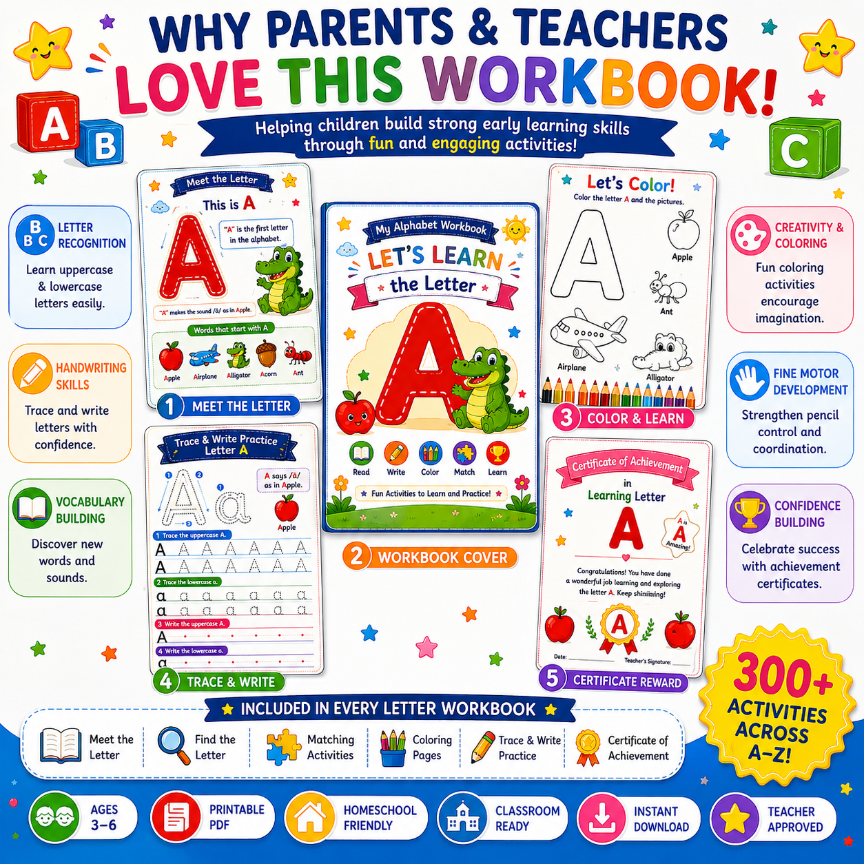 Alphabet Learning Worksheets A–E – Printable Letter Tracing & Phonics Activities for Kids Ages 3–6 | Digital PDF