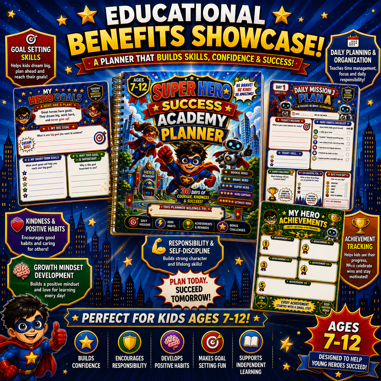 Super Hero Success Kids Planner – Printable Daily Planner for Kids Ages 7–12 | Goal Setting, Habit Tracker & Learning Workbook