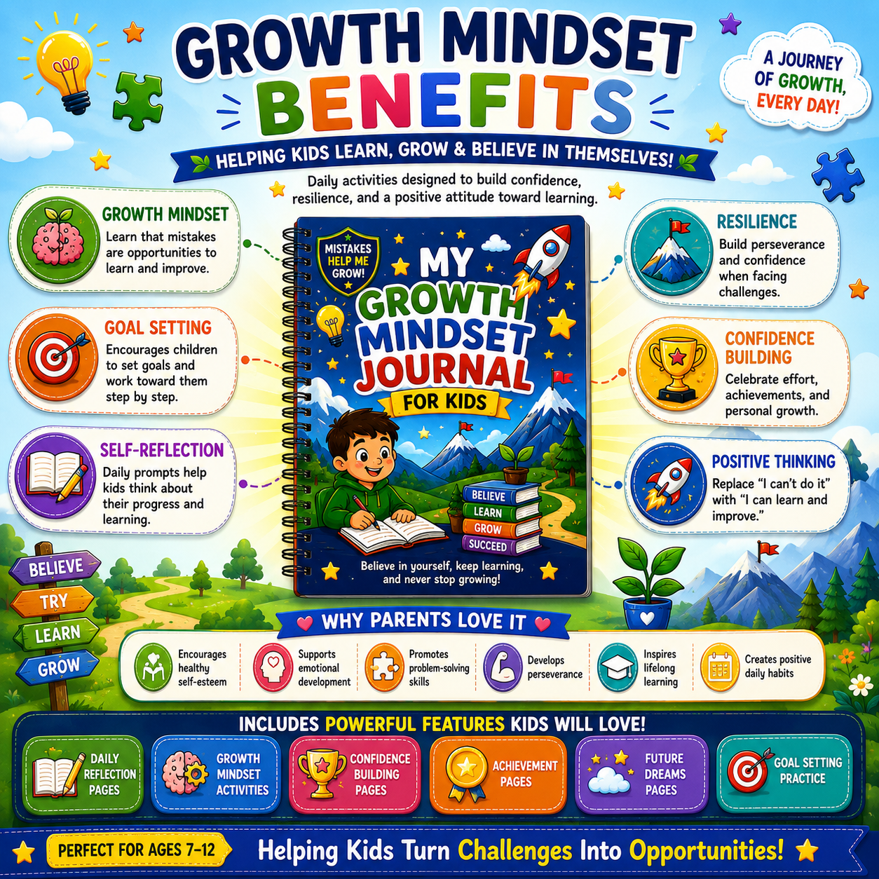 My Growth Mindset Journal for Kids – Printable Positive Thinking & Reflection Journal for Ages 7–12 | Digital PDF for Home & School