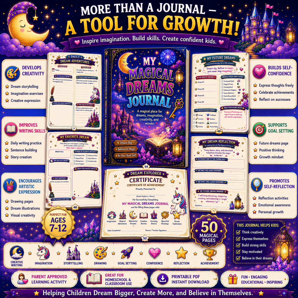 My Magical Dreams Journal for Kids – Printable Dream & Reflection Journal for Ages 7–12 | Digital PDF for Home & School