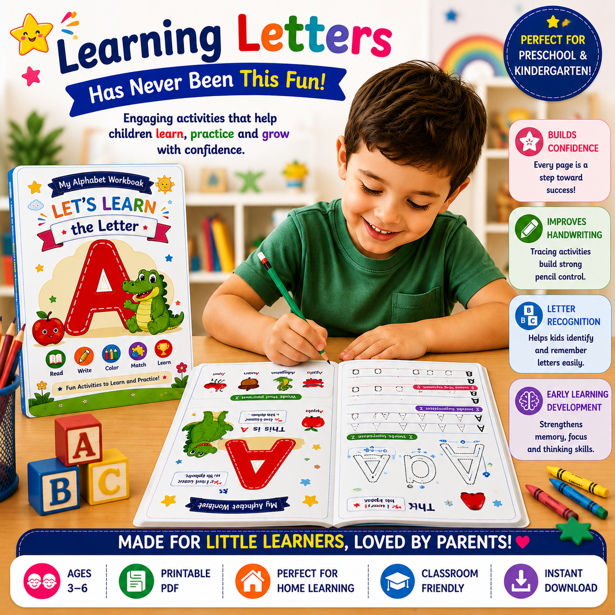 Alphabet Learning Worksheets A–E – Printable Letter Tracing & Phonics Activities for Kids Ages 3–6 | Digital PDF