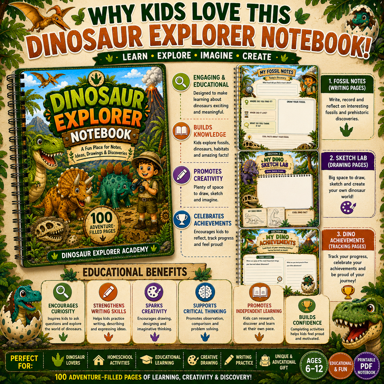 Dinosaur Explorer Kids Notebook – Printable Writing & Drawing Notebook for Kids Ages 7–12 | Digital PDF for School & Homeschool