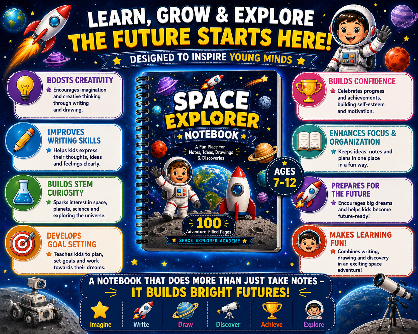 Space Explorer Kids Notebook – Printable Writing & Drawing Notebook for Kids Ages 7–12 | Digital PDF for School & Homeschool