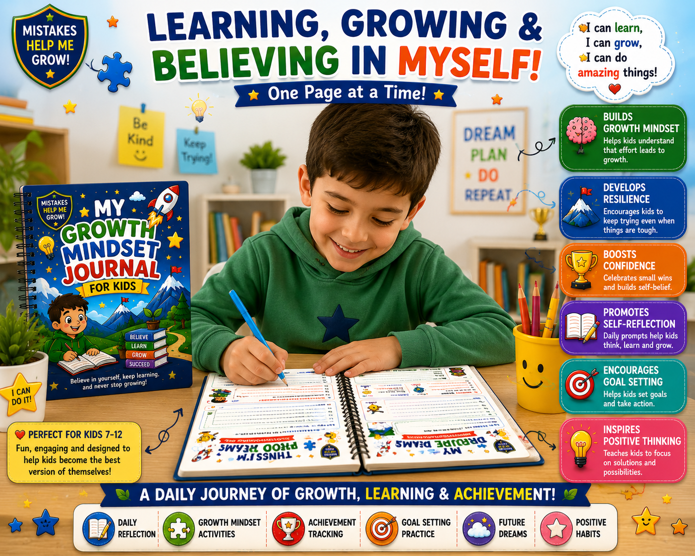 My Growth Mindset Journal for Kids – Printable Positive Thinking & Reflection Journal for Ages 7–12 | Digital PDF for Home & School