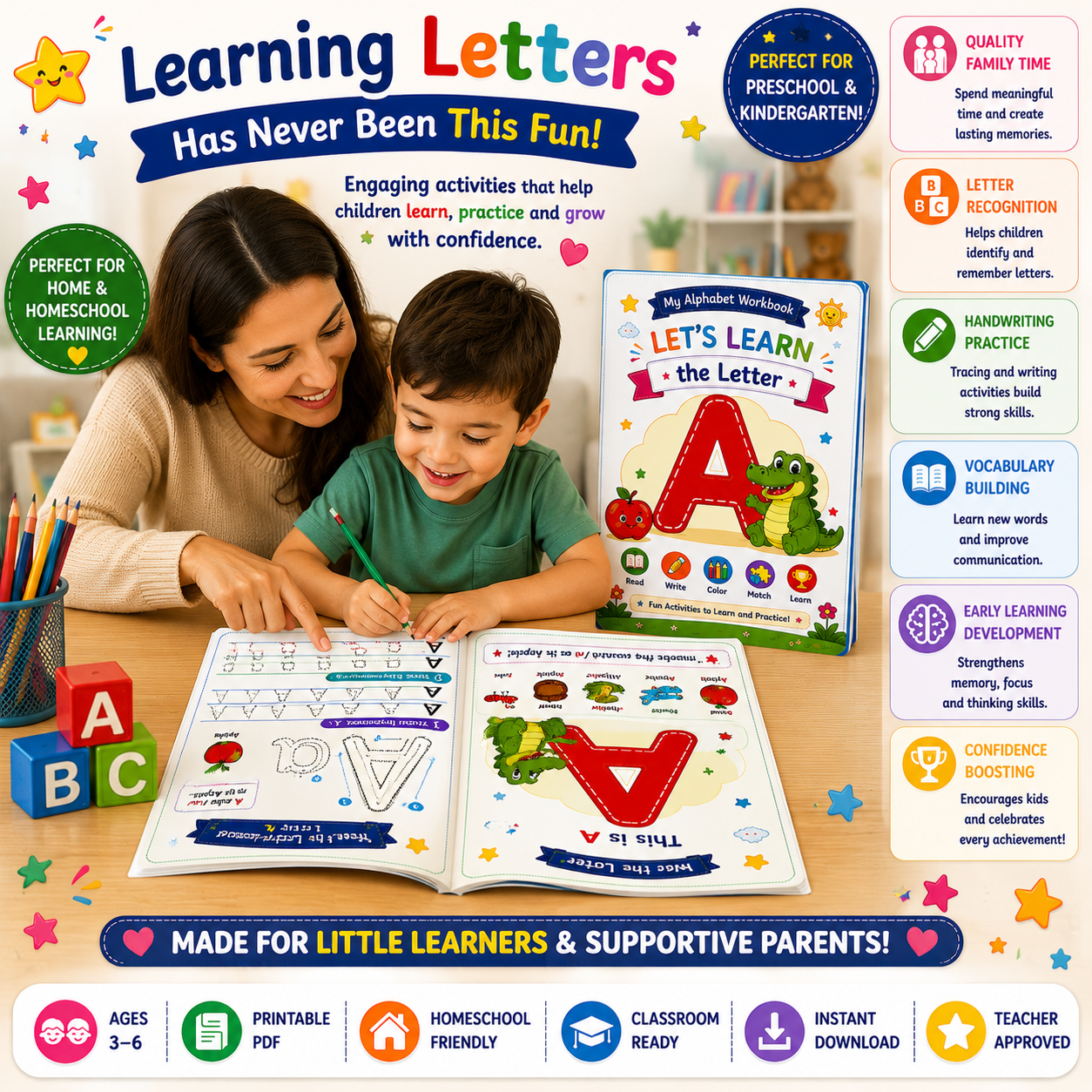 Alphabet Learning Worksheets F–J – Printable Letter Tracing & Phonics Activities for Kids Ages 3–6 | Digital PDF