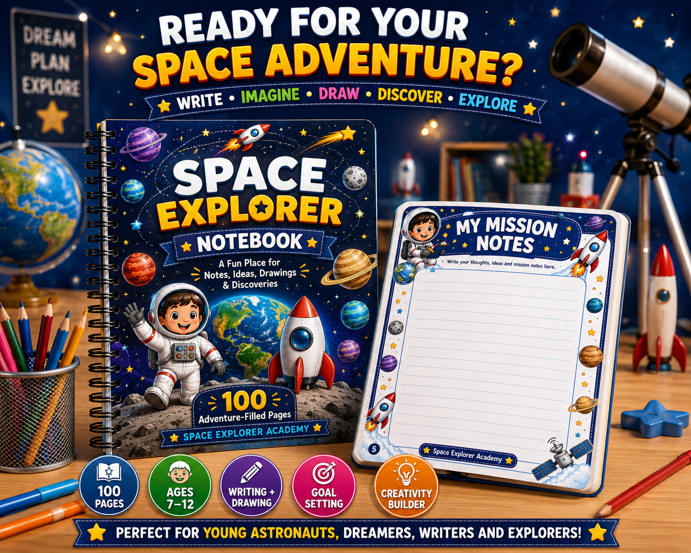 Space Explorer Kids Notebook – Printable Writing & Drawing Notebook for Kids Ages 7–12 | Digital PDF for School & Homeschool