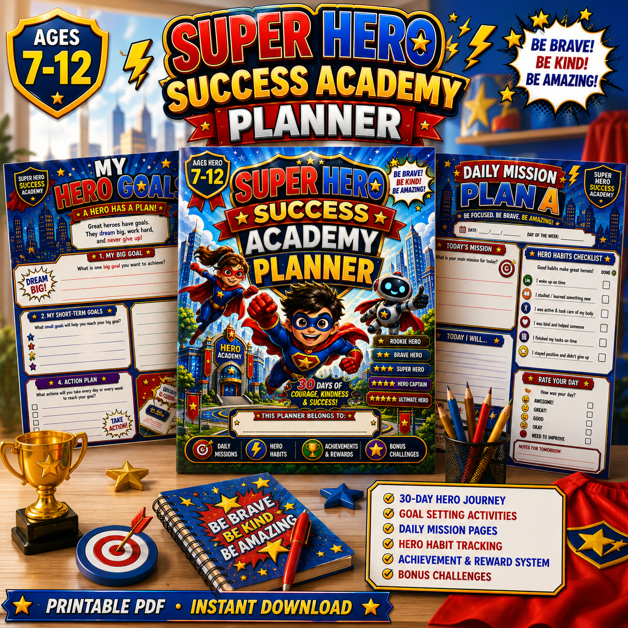 Super Hero Success Kids Planner – Printable Daily Planner for Kids Ages 7–12 | Goal Setting, Habit Tracker & Learning Workbook
