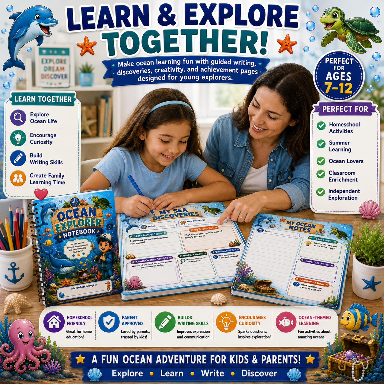 Ocean Explorer Kids Notebook – Printable Writing & Drawing Notebook for Kids Ages 7–12 | Digital PDF for School & Homeschool