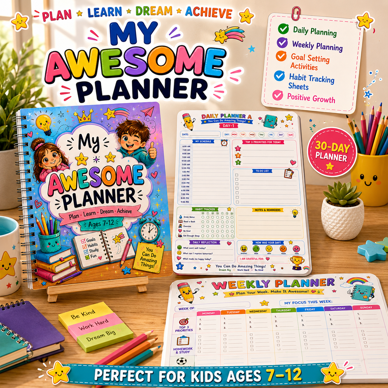 My Awesome Planner | Printable Kids Daily Planner PDF | 30-Day Planner Ages 7–12